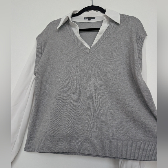 Adrianna Papell Mixed Media Chiffon And Knit Academia V-Neck Sweater Top Sz L - Picture 6 of 14